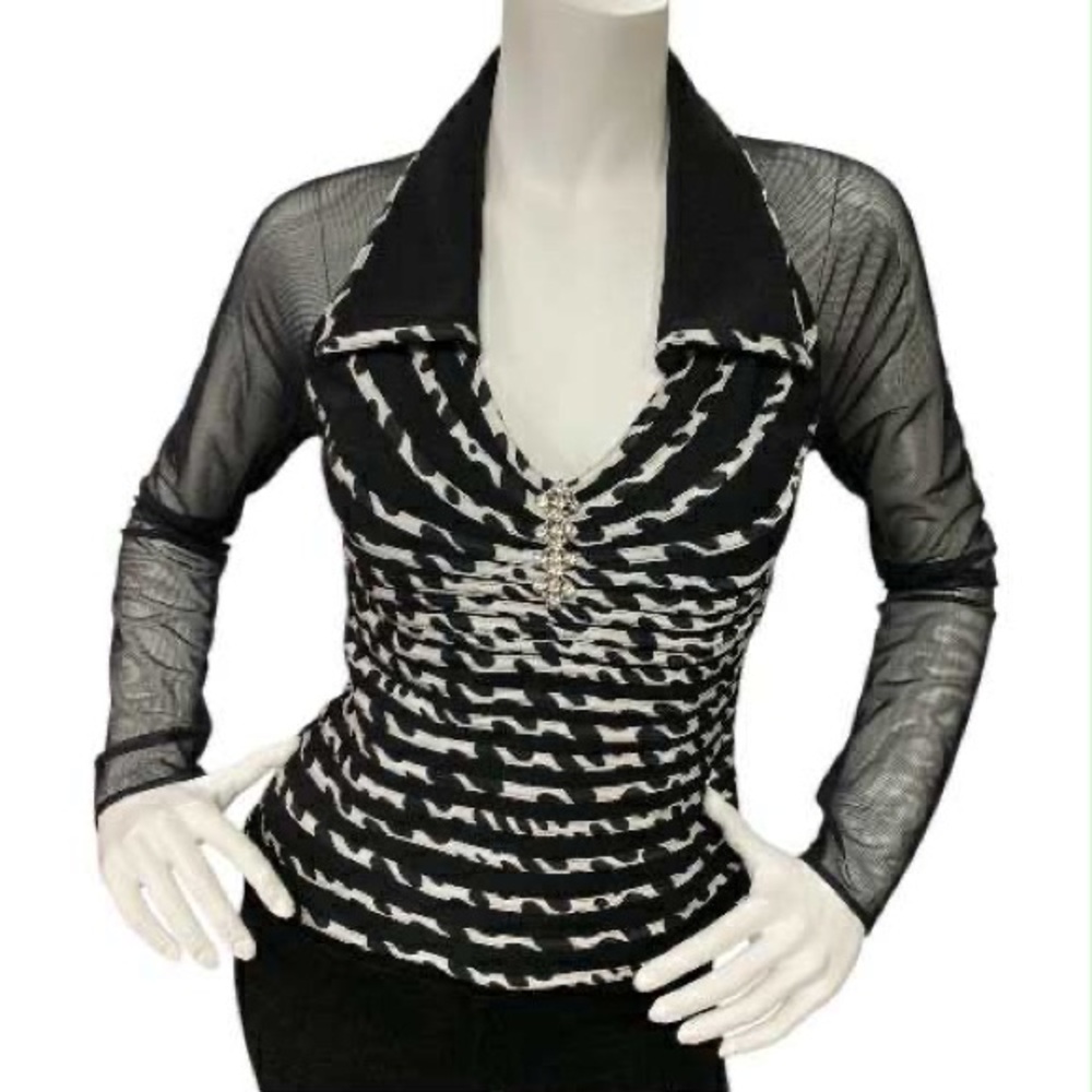 JS Collections Black and White Mesh Sleeve Top S8